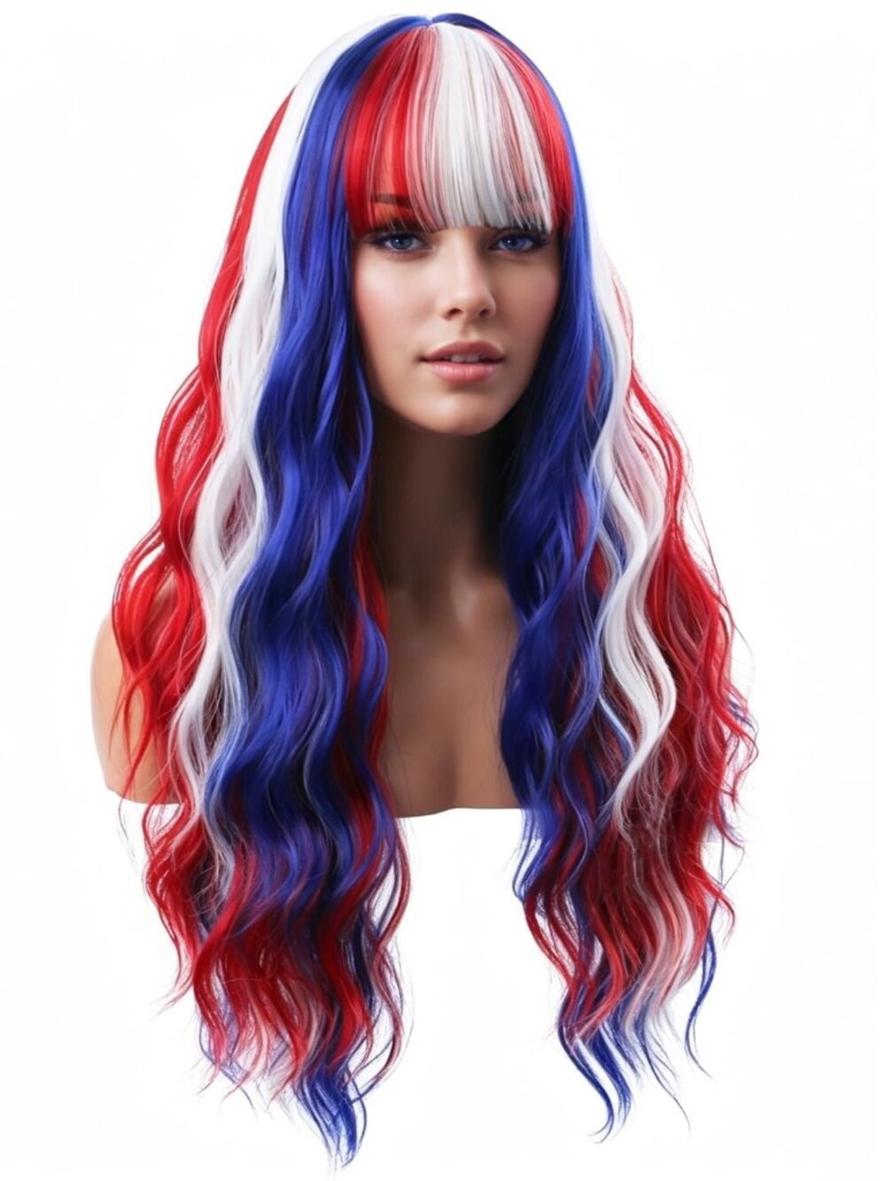 NEW 4th of July Patriotic Wavy Long Hair Colorful Stripe White Coplay Bangs Wig